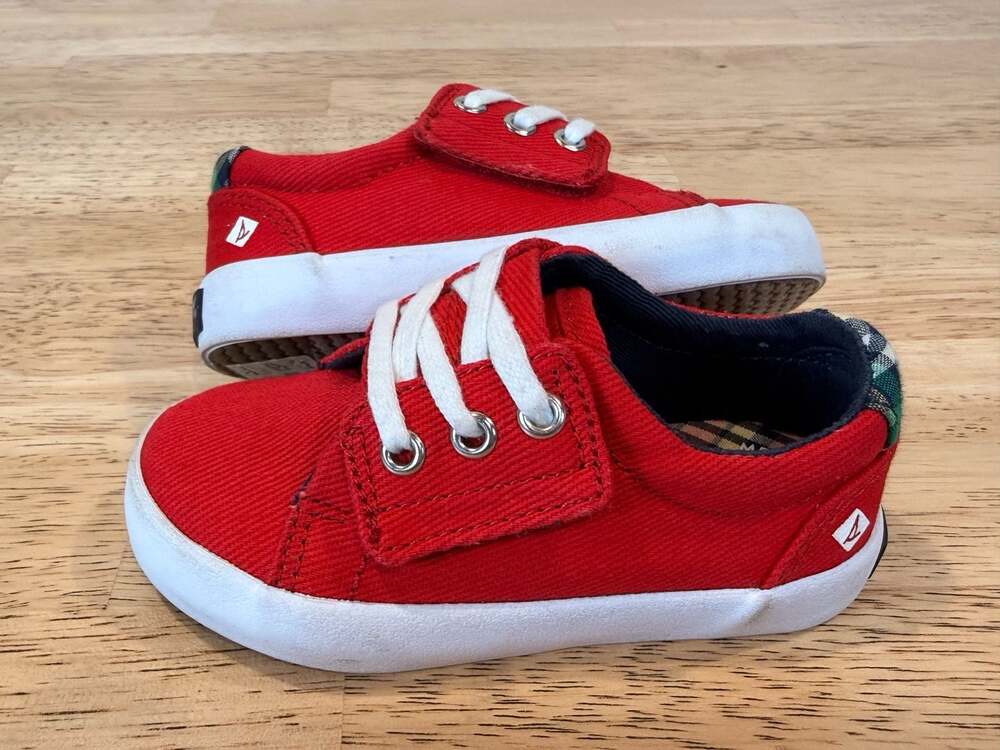 Sperry Top-Sider Kids Red Canvas Lace-Up Sneakers with Plaid Heel Detail